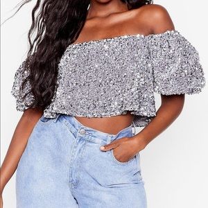 Sequin Bardot Puff Sleeve Top